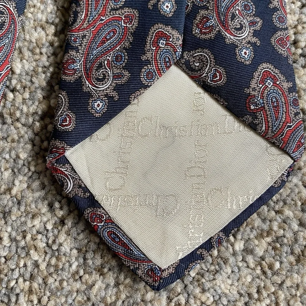 Christian Dior Silk Necktie Navy Red Gray Paisley Classic Traditional Dress Tie